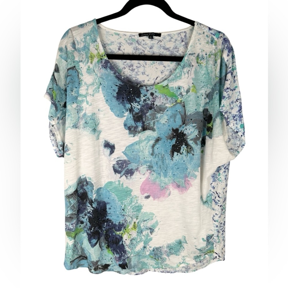 Chaus Sport Y2K 90's Floral Blue & White Bedazzled V-Neck Top Size Large